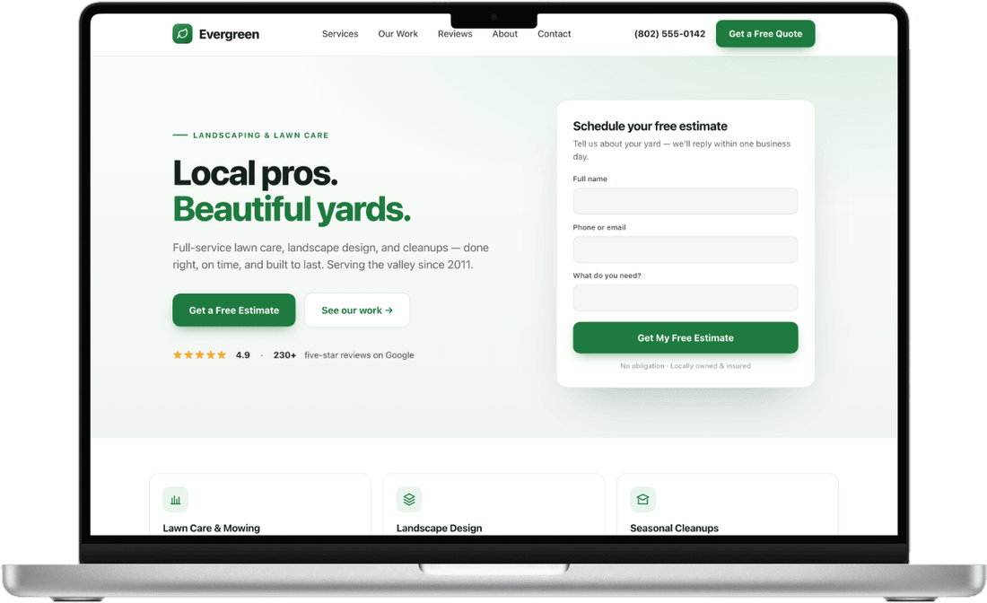 Example of a fast, modern website we build for a local business, shown on a laptop and phone